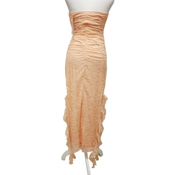 Strapless Peach Lace Midi Dress With Ruched Details & Ruffle Hem Size S - Picture 8 of 12